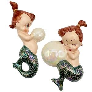 Set of Two Mermaid Wall Plaques Water Babies with Bubbles